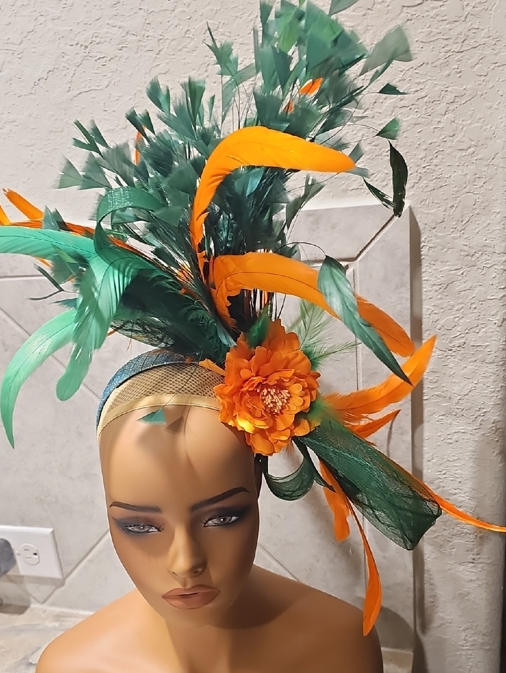 Elegant Green & Orange Feather Fascinator Headpiece